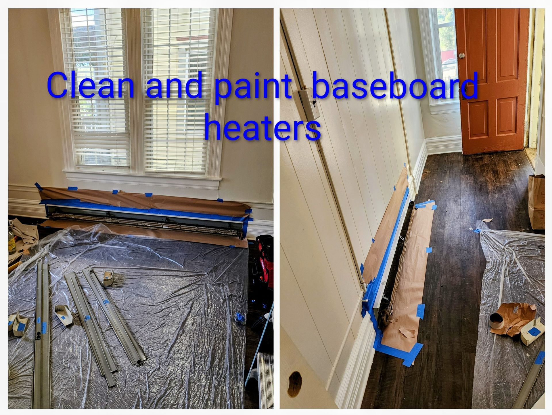 Person preparing to paint baseboard heaters with taped off sections and protective coverings on the floor.