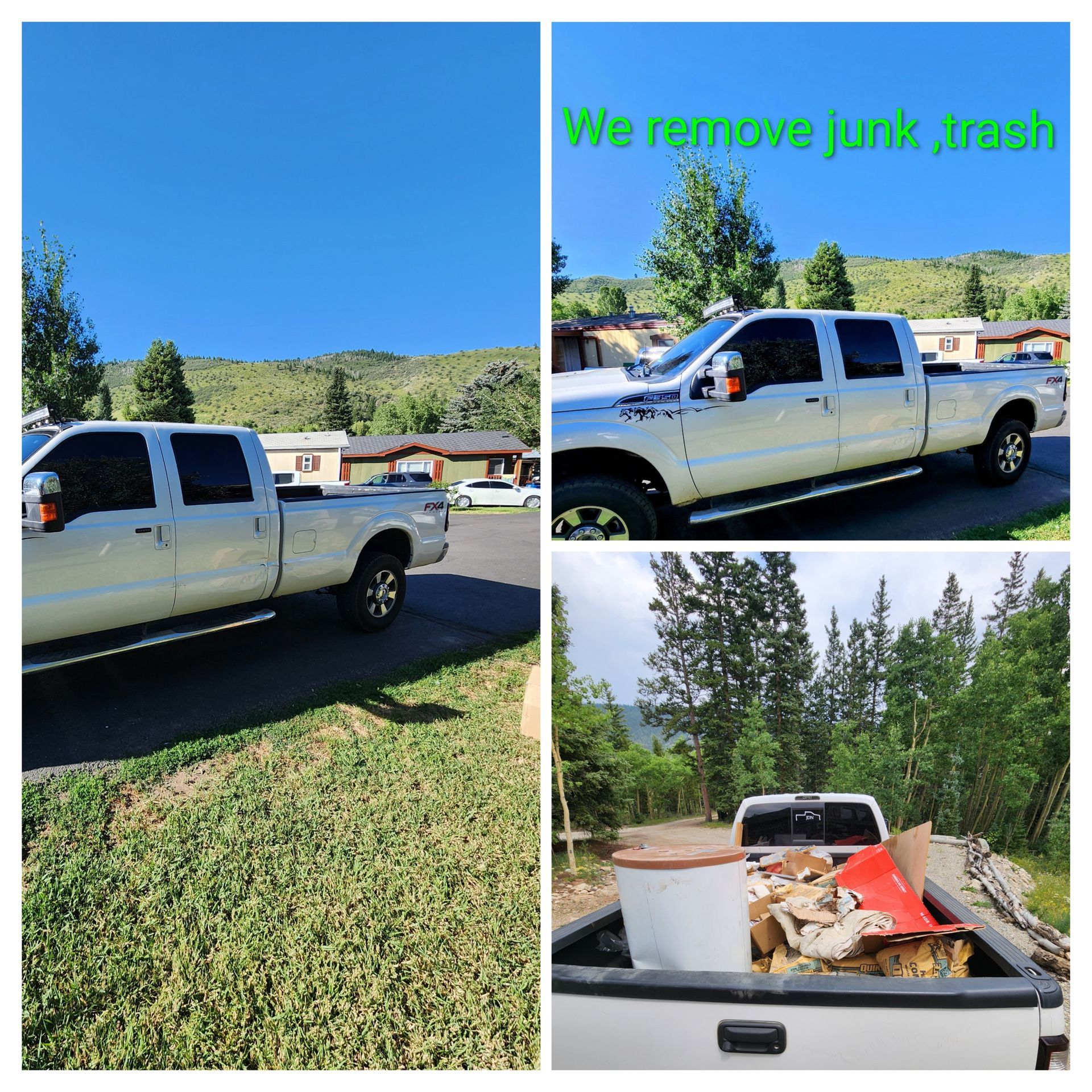 A silver pickup truck in multiple views, for a junk removal service, with a load of debris.