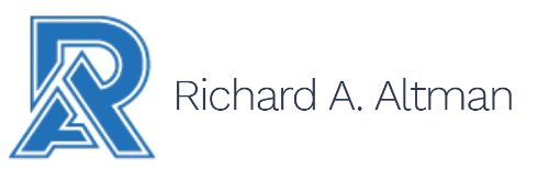 The logo for richard a altman is blue and white