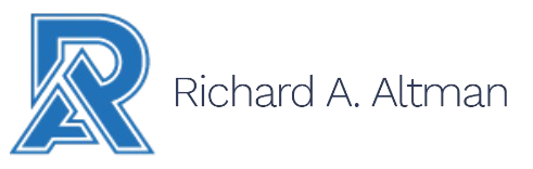 The logo for richard a altman is blue and white