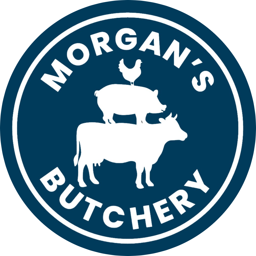 Morgan's Butchery Logo, Blue Circle with White border and text saying Morgans curved around the top with Butchery curved around the bottom, Image in centre of silhouette of a chicken, pig and cow stacked on top of each other