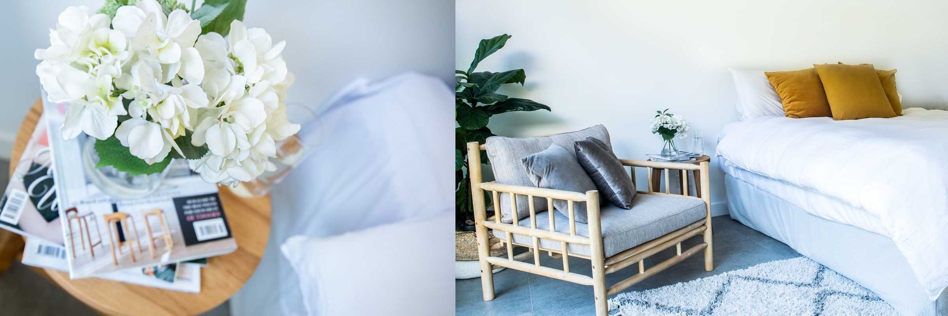A Vase of Flowers is on a Table Next to a Chair and a Bed — Gold Coast Detox and Rehab Services in Gold Coast, QLD