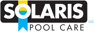 Solaris Pool Care logo with white and black text, blue accent, and small LLC mark