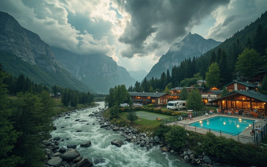 Escena de un valle montañoso con un río, un complejo turístico con piscina y cielo nublado.