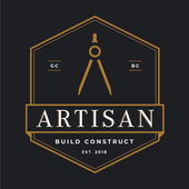 Gold Artisan Build Construct logo with compass icon and CC/BC on a dark background