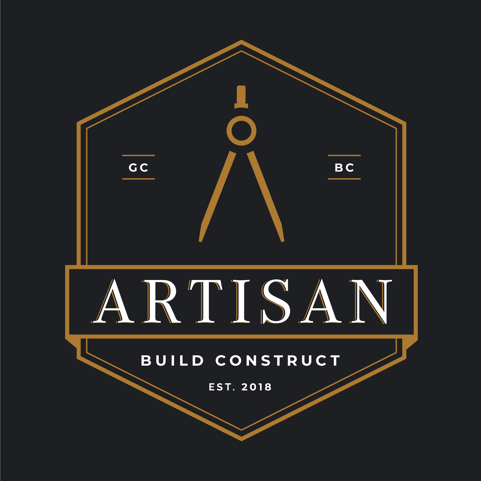 Gold Artisan Build Construct logo with compass icon and CC/BC on a dark background