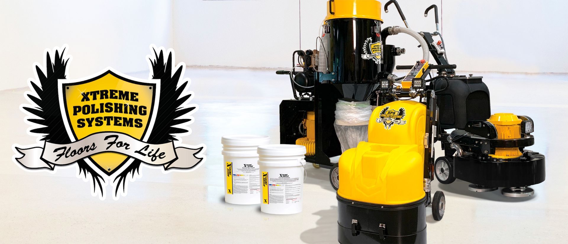Yellow and black industrial floor polishing machinery and supply buckets with the Xtreme Polishing Systems logo.