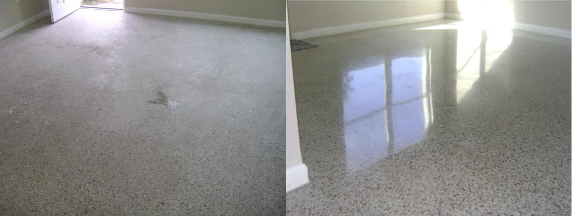 Before-and-after comparison of a concrete floor: dull and matte on the left, high-gloss polished finish on the right.