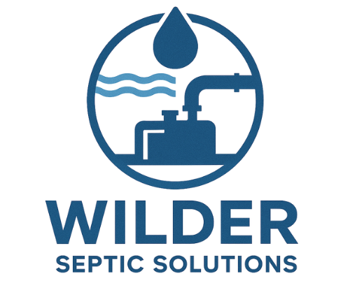 Logo for Wilder Septic Solutions: blue circle with a water drop, waves, and equipment. Text: WILDER, SEPTIC SOLUTIONS.