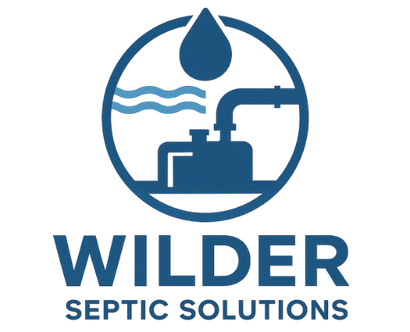Logo for Wilder Septic Solutions: blue circle with a water drop, waves, and equipment. Text: WILDER, SEPTIC SOLUTIONS.