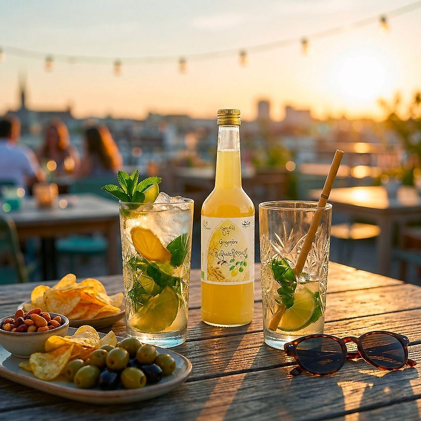 Cocktail aux fruits rouges servi dans un verre avec des glaçons et une paille, sur une table en terrasse.