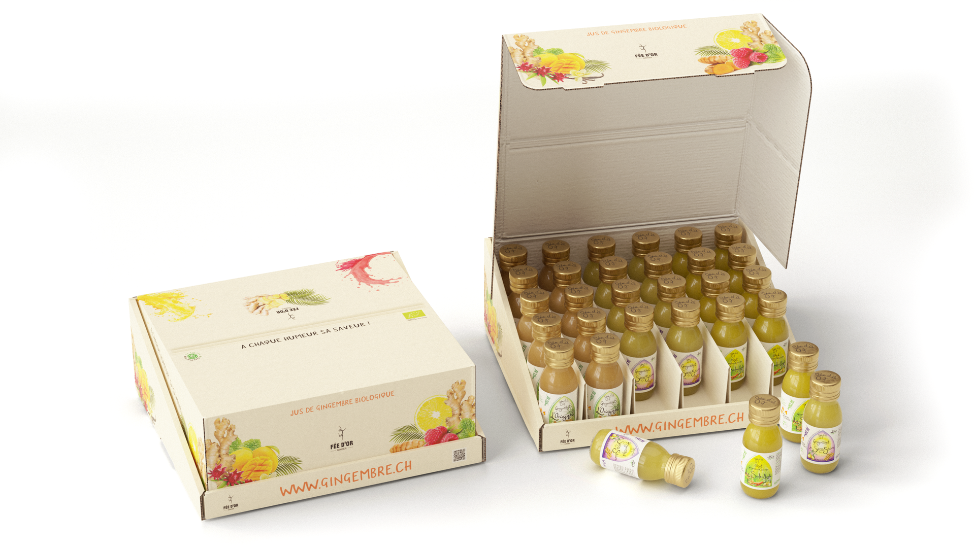 Deux boîtes en carton contenant de petites bouteilles jaunes à bouchon doré. L'une des boîtes est ouverte et pleine.