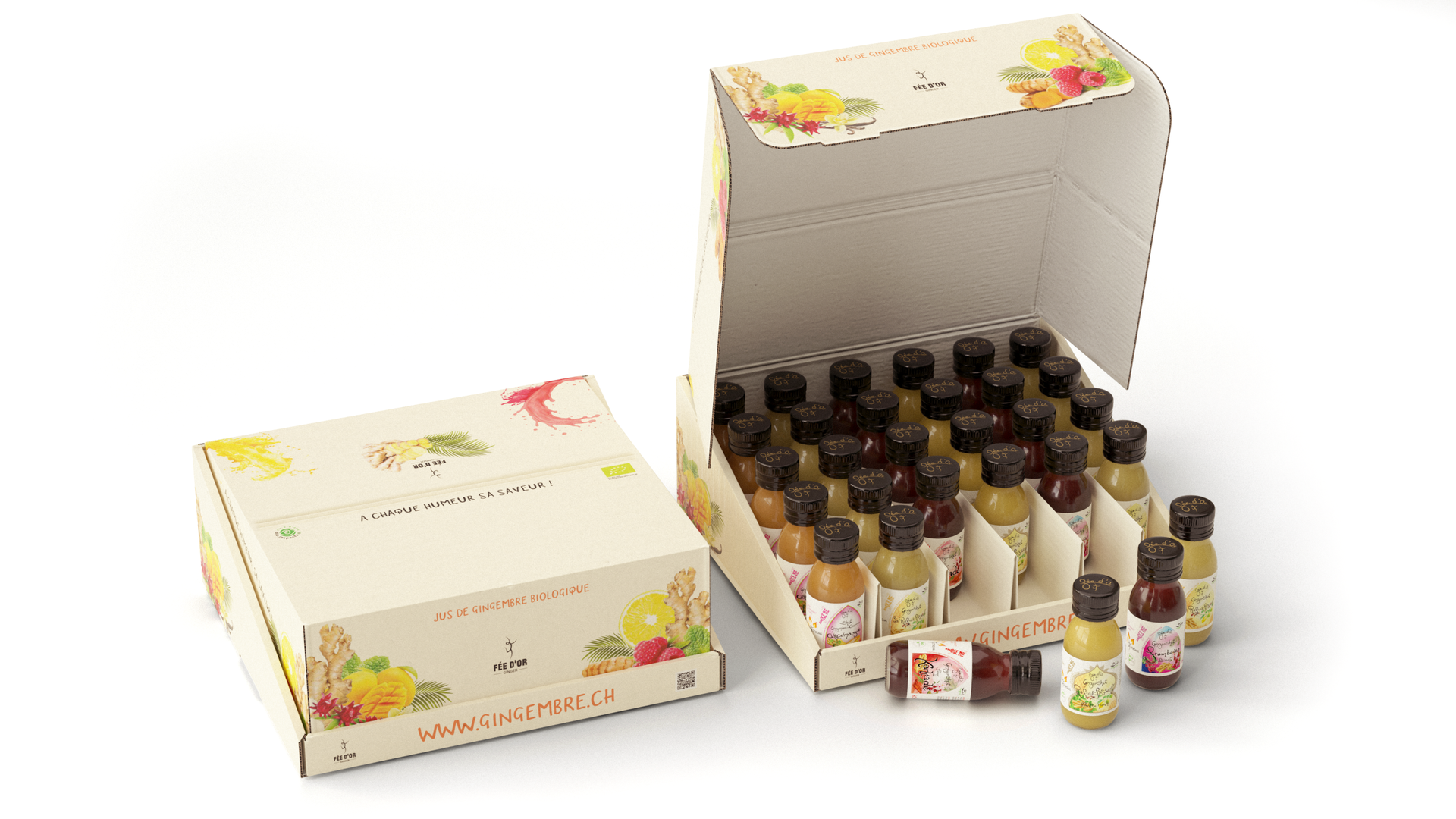 Boîte présentoir contenant des mini-bouteilles de liquides aromatisés, probablement des sauces. Une autre boîte fermée se trouve à côté.