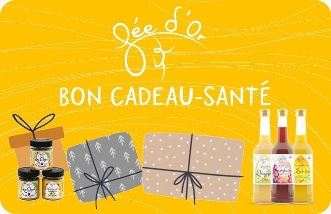 Carte-cadeau jaune avec logo « Fée d'Or », cadeaux et bouteilles de boissons. Texte : « Bon Cadeau-Santé ».