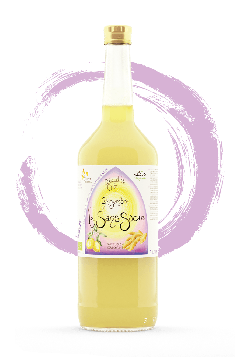 Bouteille de sirop aromatisé au citron sur fond de cercle violet pâle dessiné au pinceau ; étiquette avec écriture cursive et citrons.