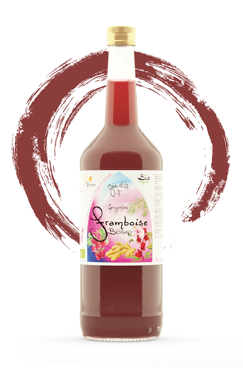 Bouteille de sirop de framboise avec fond rouge tourbillonnant.