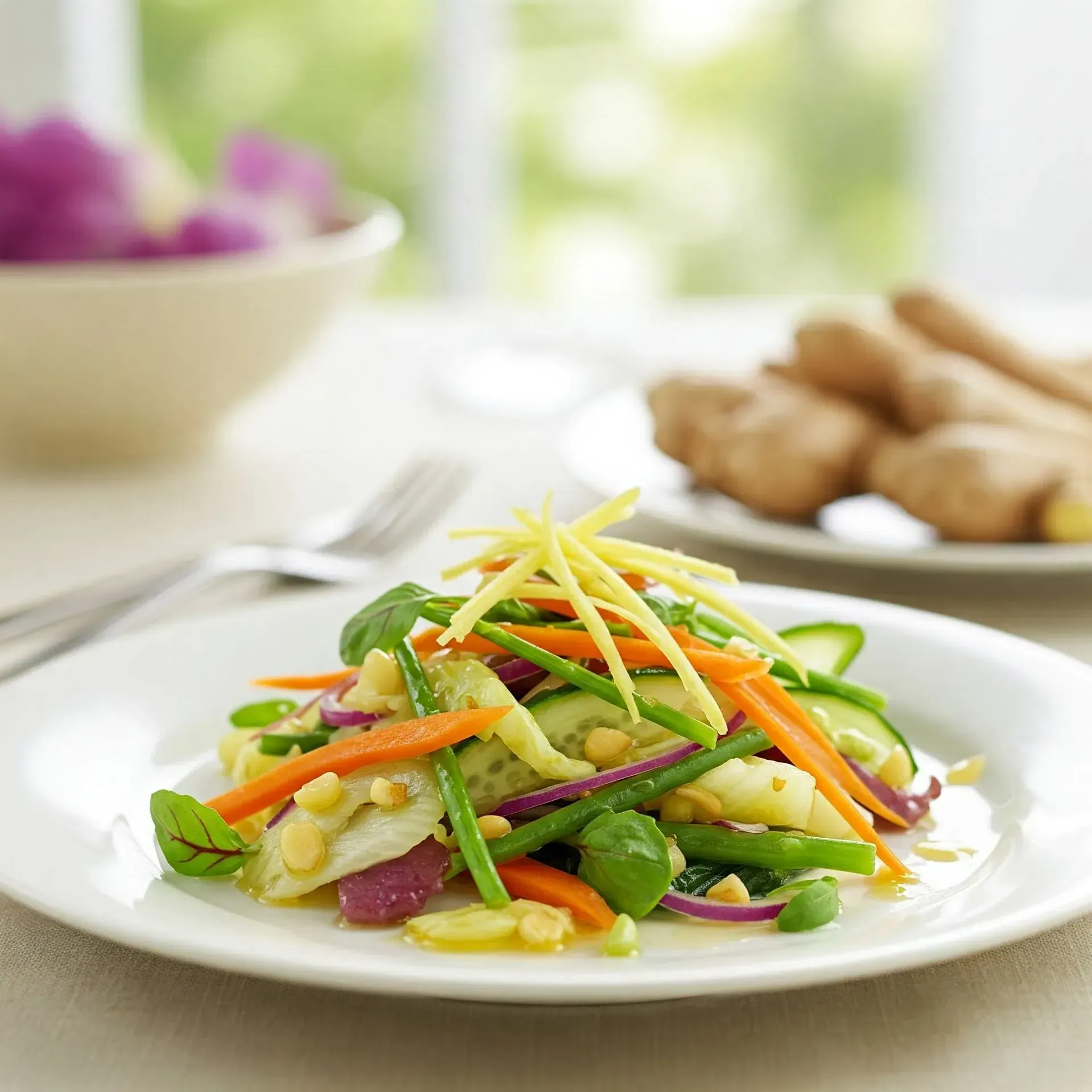 Salade de carottes, haricots verts et gingembre sur une assiette blanche ; racine de gingembre en arrière-plan.