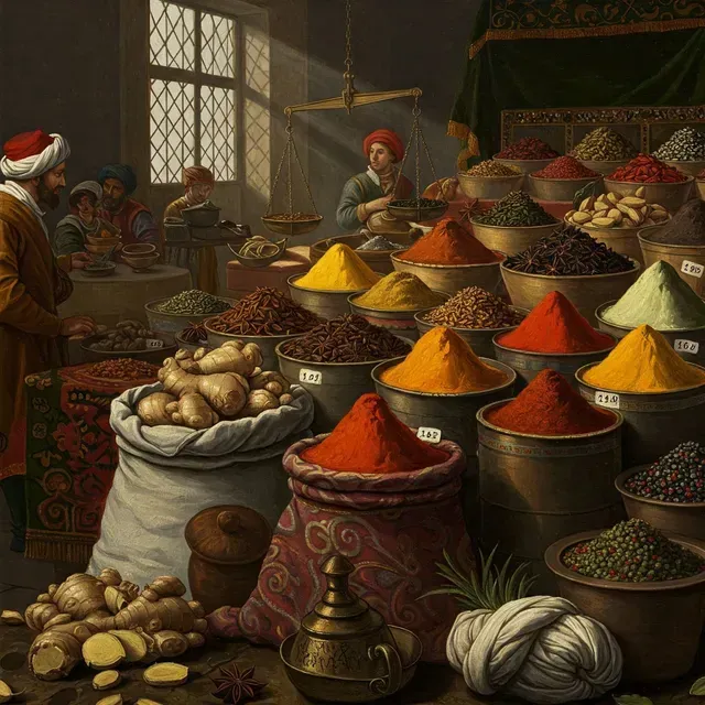 Marché aux épices : épices colorées en barils et en sacs. Les marchands pèsent les épices.