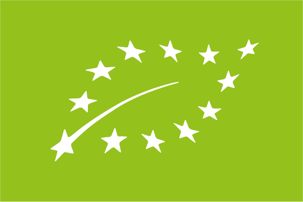 Logo bio de l'UE : étoiles blanches en forme de feuille sur fond vert.