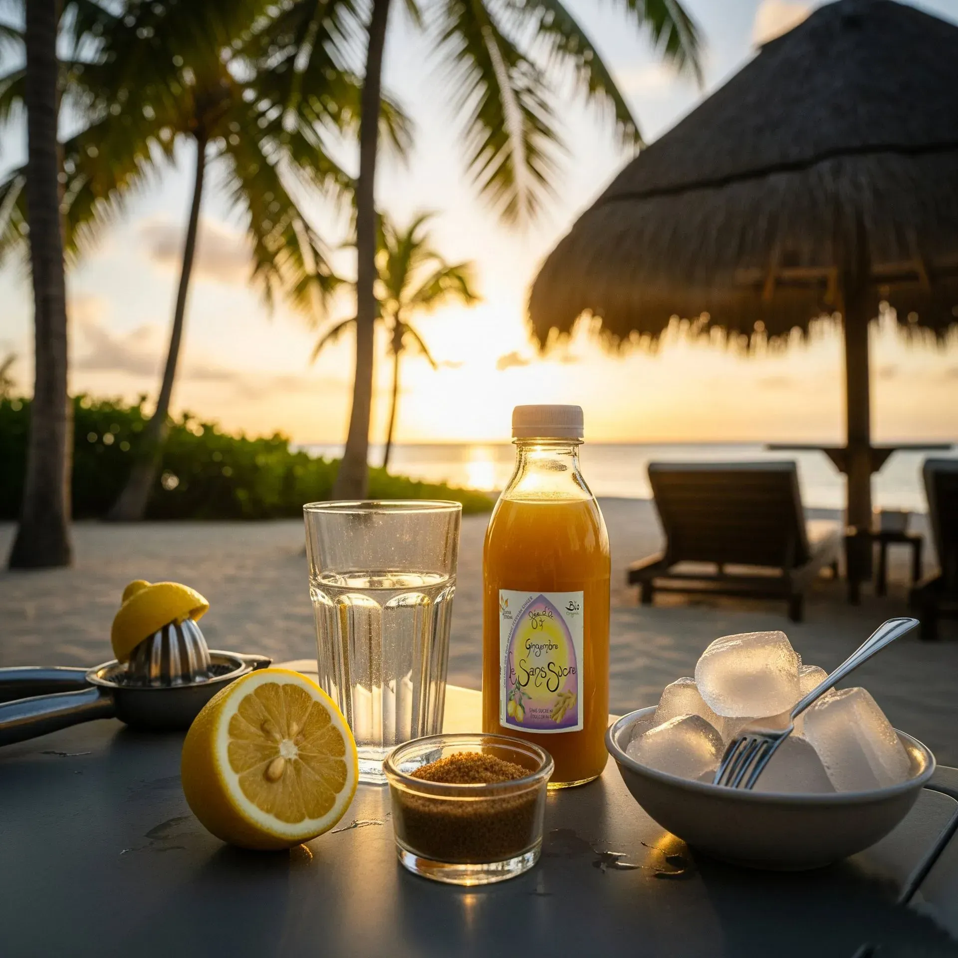 Table en bord de mer avec citron, bouteille de jus, verre d'eau, glaçons et sucre. Palmiers et coucher de soleil en arrière-plan.