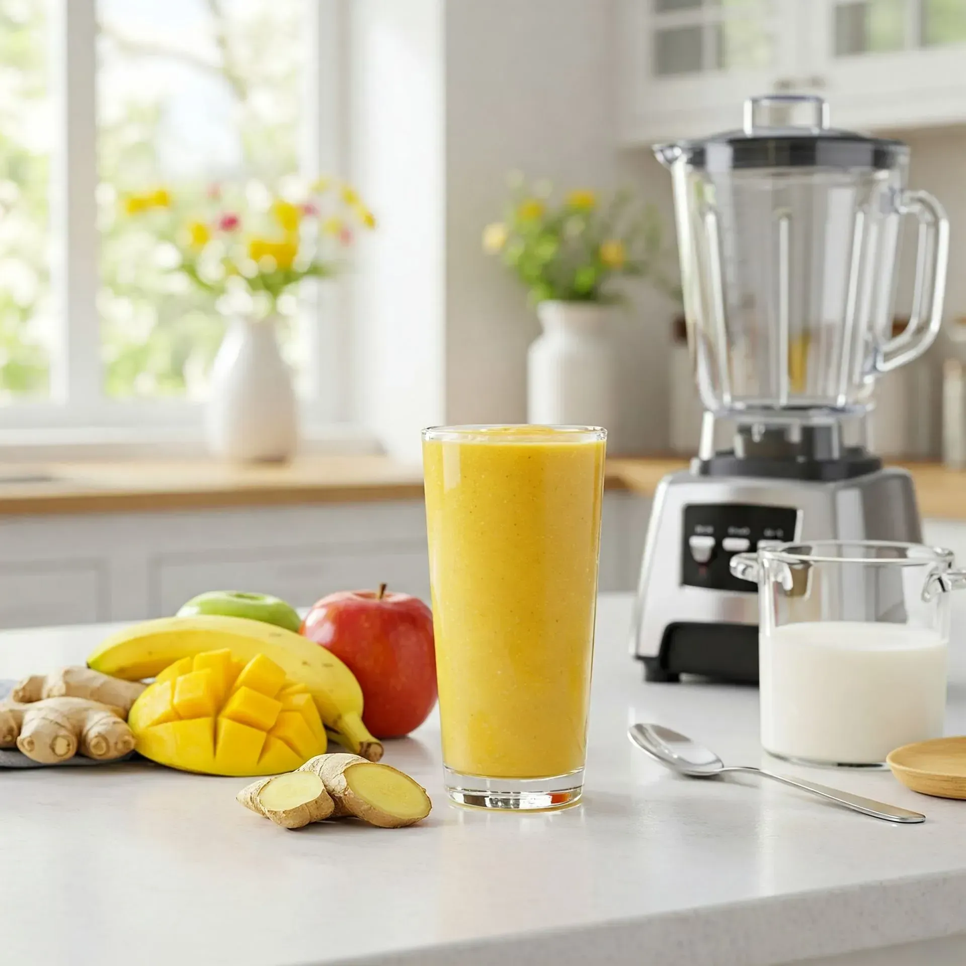 Un smoothie jaune dans un verre à côté d'un mixeur, avec des fruits et du gingembre, dans un décor de cuisine.