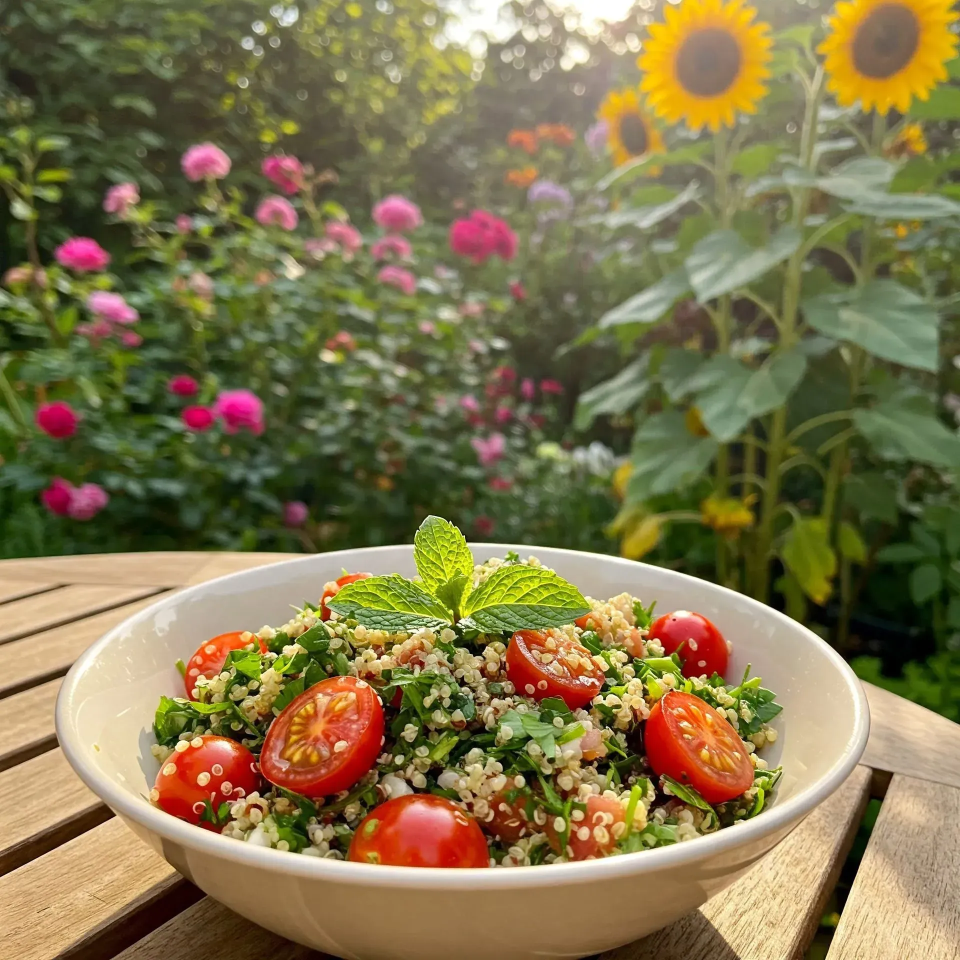 Bol de taboulé aux tomates et à la menthe, posé sur une table en bois à l'extérieur, avec des fleurs et des tournesols en arrière-plan.