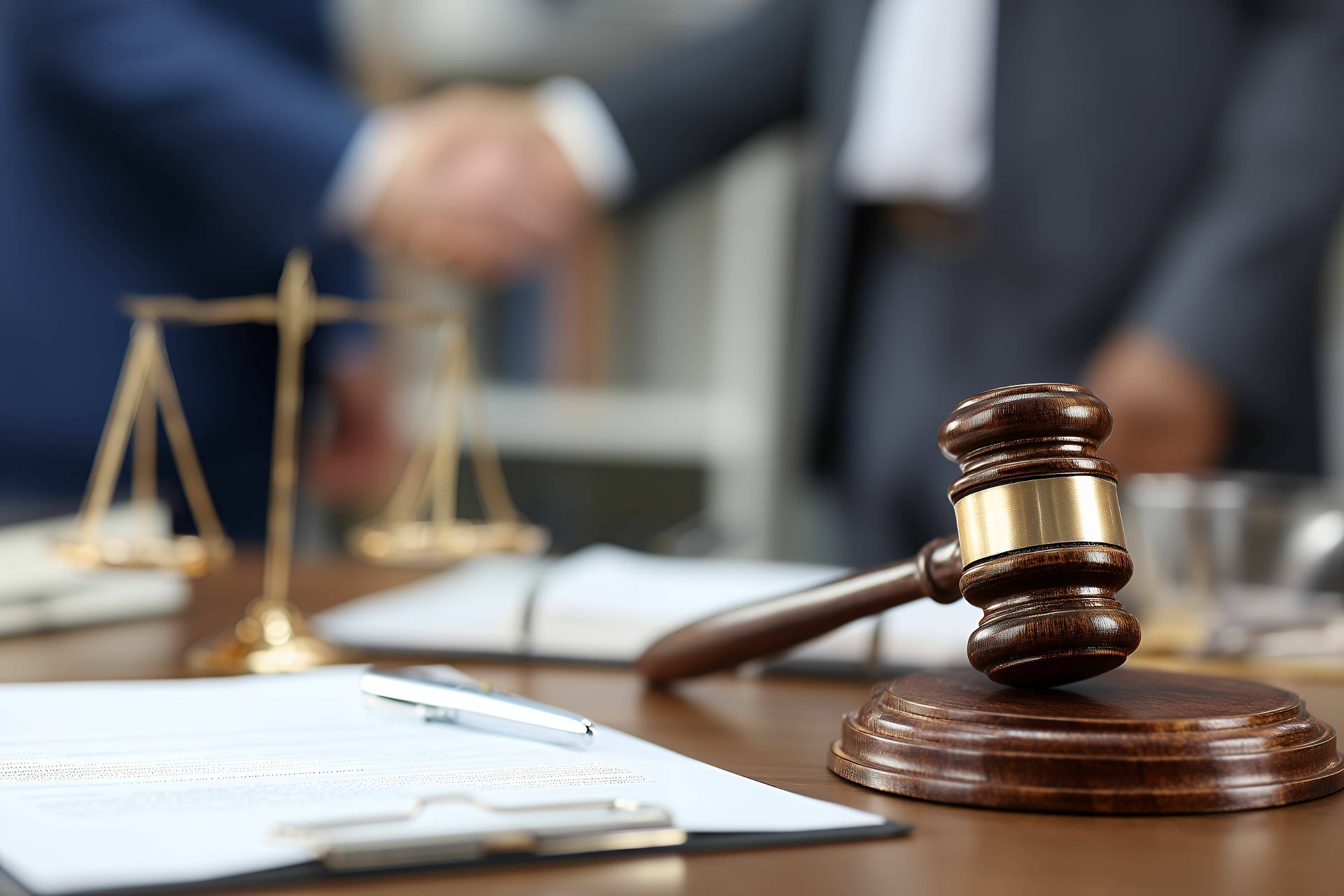 A judge 's gavel is sitting on a wooden table next to a scale of justice.