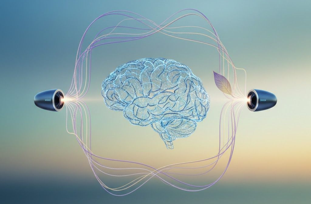 A brain made of blue lines, connected to two tubes serves as a TMS therapy to the mind.