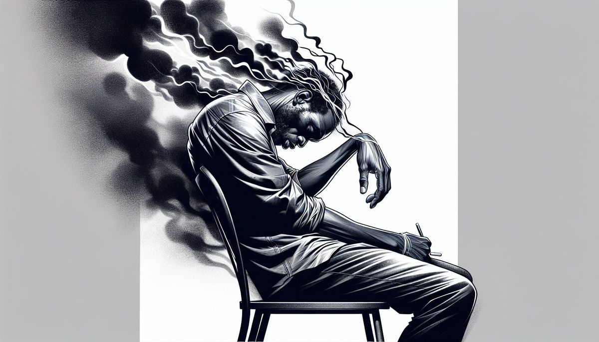 Illustration of a person experiencing fatigue, brain fog, and muscle pain