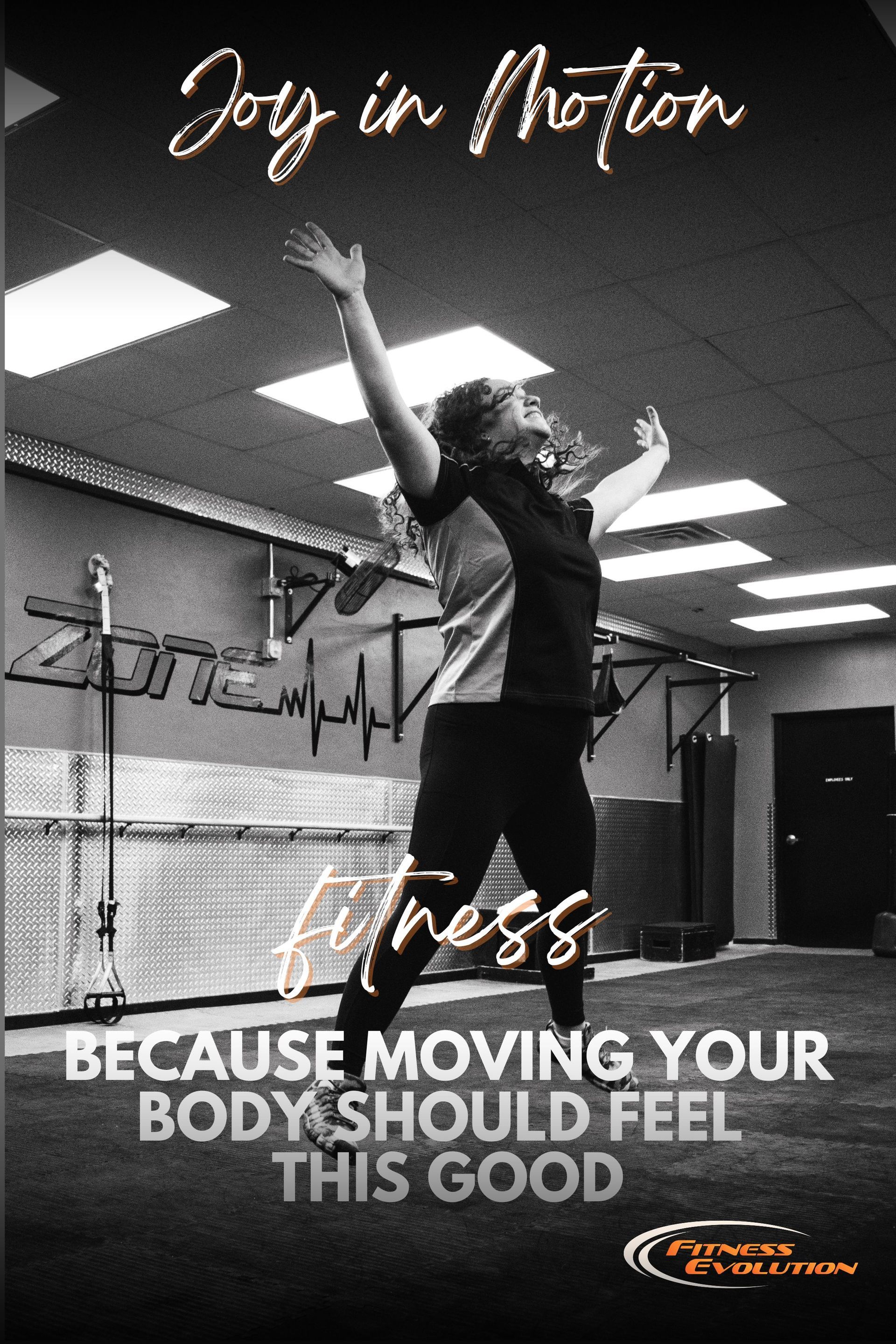 Person stretching in a gym with text: “Joy in Motion” and “Fitness—Because moving your body should feel this good.”