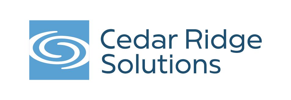 Logo for Cedar Ridge Solutions: blue square with white swirling design, text 