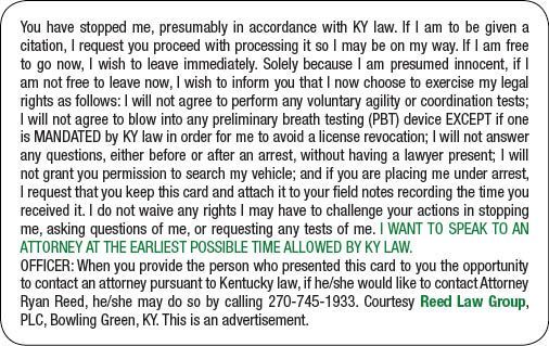 Card with legal rights for a driver stopped by police. Includes a lawyer's contact info.