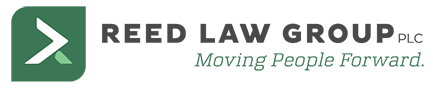 Logo for Reed Law Group PLC; green rounded square with white and green arrow pointing right, dark text. "Moving People Forward."