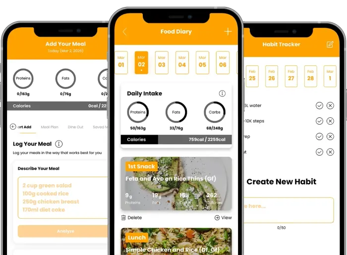 Three black smartphones side-by-side, displaying placeholder text 