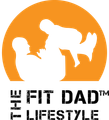 Orange circle with silhouette of a person on back lifting a child. Text: Fit Dad Lifestyle.