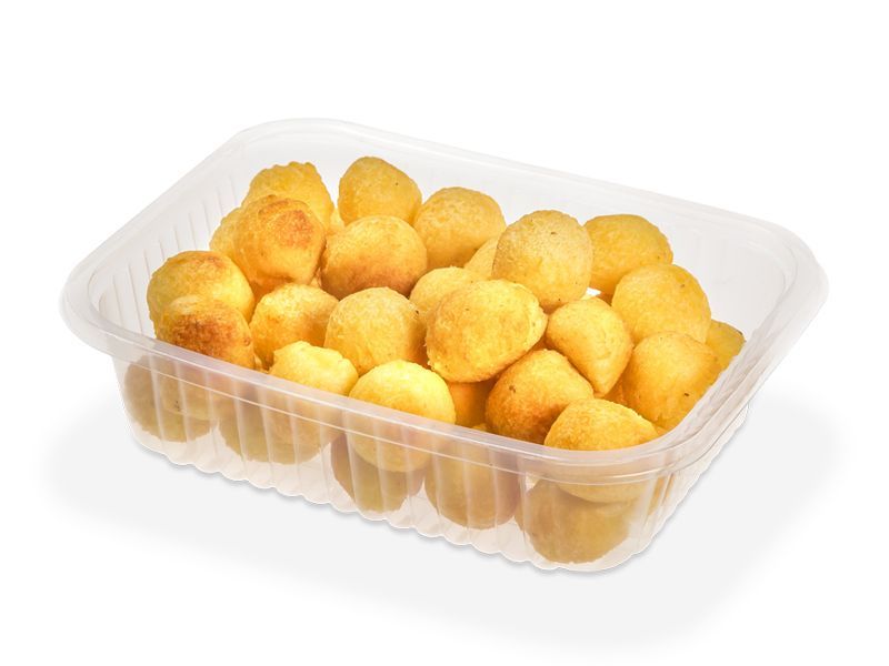 Bandeja para alimentos de plástico rectangular de color blanco con laterales acanalados.