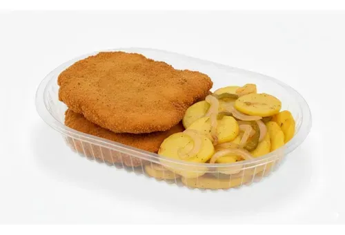 Bandeja para alimentos de plástico transparente, de forma ovalada, con lados estriados y patrón a cuadros en la base.