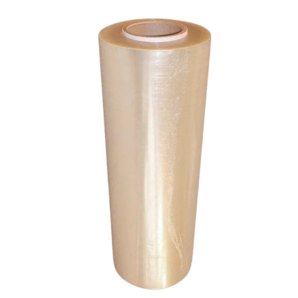 Rollo de film estirable de plástico transparente.