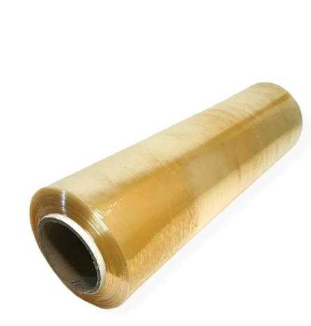 Un rollo de film estirable de plástico transparente.