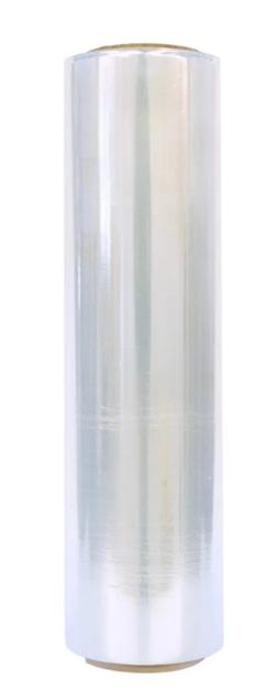 Tres rollos de film estirable de plástico transparente.