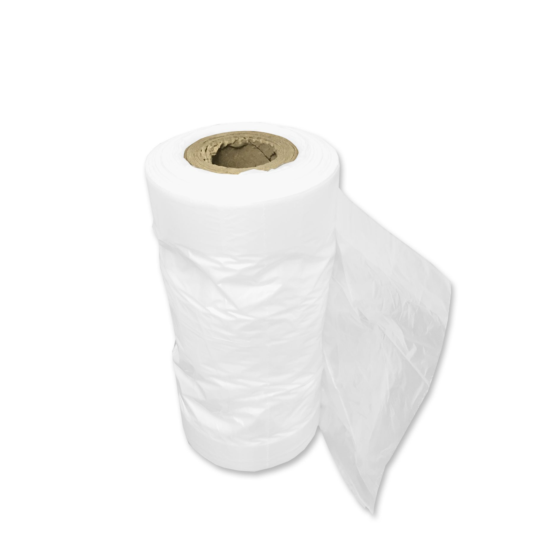 Rollo de bolsas de plástico blancas transparentes con un núcleo de cartón marrón. Se extrae una bolsa.