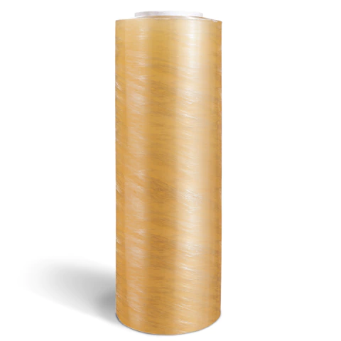Rollo de film estirable industrial de color tostado, en posición vertical.