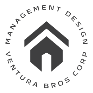 A dark grey minimalist logo featuring a stylized house icon surrounded by the circular text "MANAGEMENT DESIGN VENTURA BROS CORP".