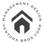 A dark grey minimalist logo featuring a stylized house icon surrounded by the circular text "MANAGEMENT DESIGN VENTURA BROS CORP".
