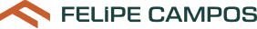 Um logotipo para felipe campos com uma seta laranja