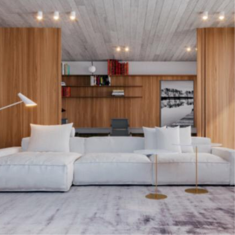 Uma sala de estar com um sofá branco e um abajur