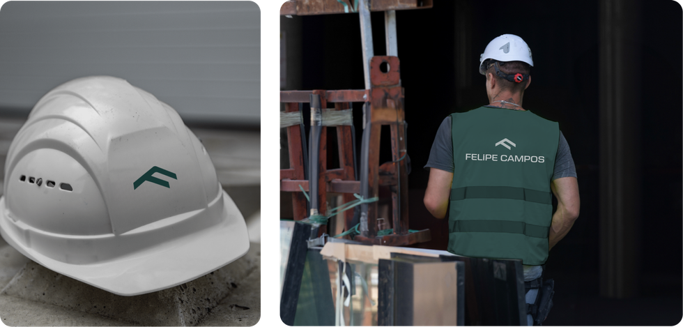 Um capacete branco e um homem vestindo um colete verde