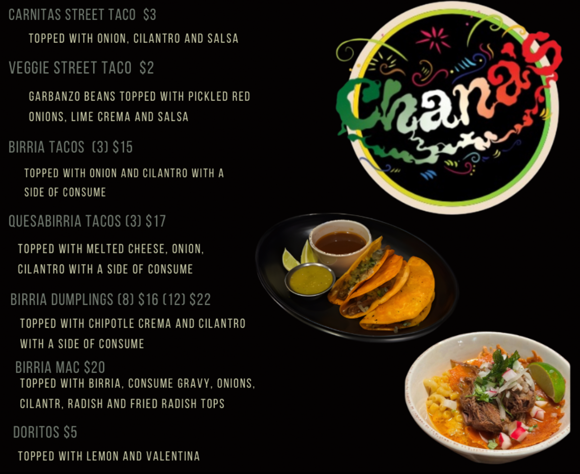 Taco Tuesday menu: Birria Mac & Cheese, Birria Tacos, Carnitas Tacos, and Vegetarian Tacos. Restaurant logo.