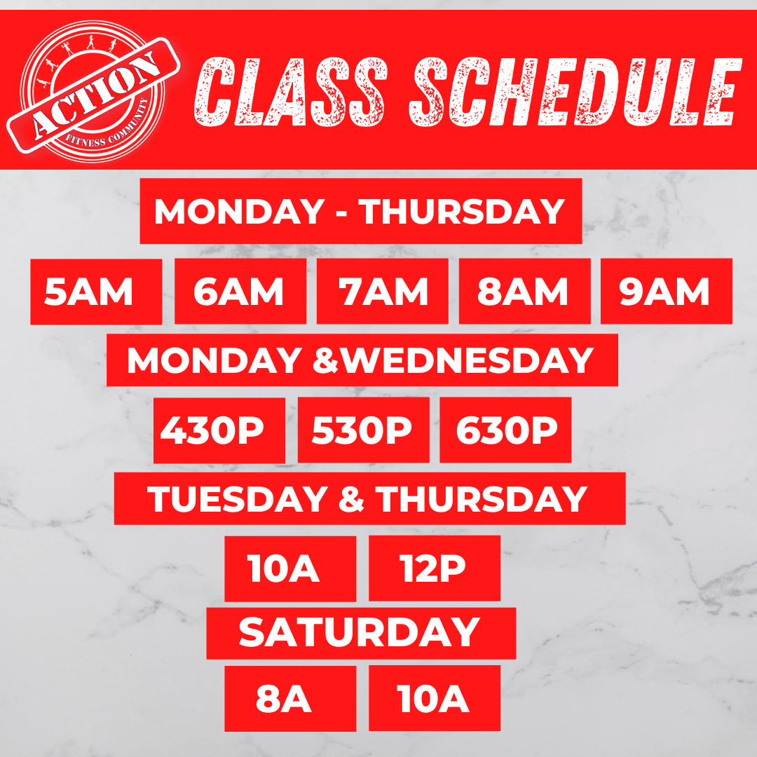 A red and white sign that says action class schedule