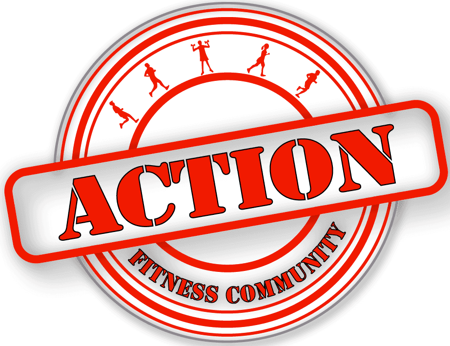 A red and white stamp that says action fitness community